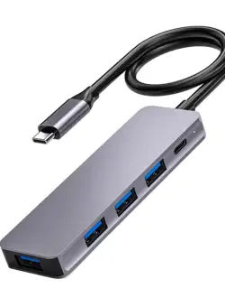 Adaptor Hub Multifunctional 5 In 1 Techstar® ZFZ5IN1B, USB-C, 1 X USB 3.0, 3 X USB 2.0, PD Port, Compatibil PC, Memorie USB, HDD Extern, Argintiu