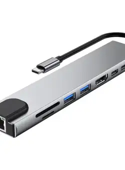 Adaptor Hub multifunctional 8 in 1 Techstar® SF8IN1, HDMI 4K, USB-C, PD Port, 1 x USB 3.0, 1 x USB 2.0, LAN RJ45 Ethernet, Cititor de carduri SD/TF, Aliaj de Aluminiu, Argintiu