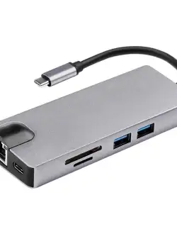 Adaptor Hub Multifunctional 8 In 1 Techstar® SFB8IN1, HDMI 4K, VGA 1080P, USB-C, 2 X USB 3.0, LAN RJ45 Ethernet 100Mbps, Cititor de carduri SD/TF, PD Port, Argintiu