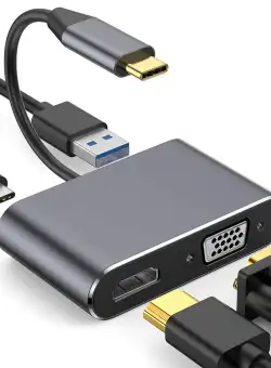 Adaptor multifunctional 4 in 1 USB-C la HDMI Techstar® DJ4IN1, HDMI 4K, VGA 1080P, 1 x USB 3.0, PD Port, Argintiu
