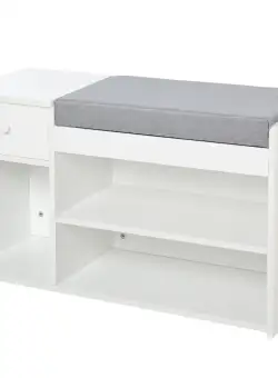 Banca pantofar cu perna, sertar si 3 compartimente deschise, mobilier din lemn pentru hol 81x31.5x49cm, alb