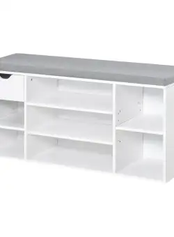 Bancheta pantofar din lemn cu perna si rafturi reglabile pentru 10 perechi de incaltaminte, 101x29x47.5cm, HOMCOM ,alb gri