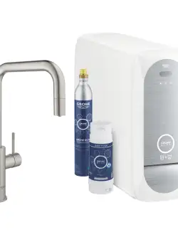 Baterie bucatarie Grohe Blue Home Duo cu dus extractibil pipa U sistem filtrare racire si carbonatare starter kit supersteel
