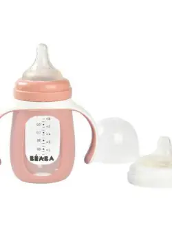 Biberon de invatare 2 in 1 din Sticla Beaba, 210 ml, Old Pink