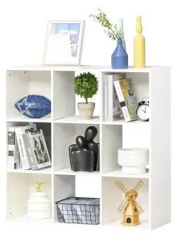 Biblioteca Albă pentru Casa si Birou, Raft cu Design Modern cu 9 Compartimente din Lemn, 91,5 x 29,5 x 91,5 cm HOMCOM | Aosom RO