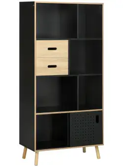 Biblioteca Moderna din MDF si PAL cu 2 Sertare si 7 Rafturi Deschise, 80x40x165 cm, Negru si Lemn natur HOMCOM | Aosom RO