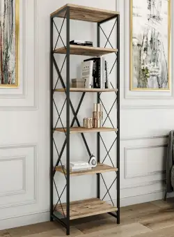 Biblioteca Suadiye cu 6 Rafturi cadru Metalic , Stejar, 50 x 180 x 35 cm