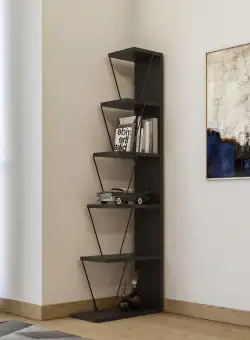 Biblioteca Tlos cu 6 rafturi, Lemn Natural - Gri - Alb, 50 x 150 x 22 cm