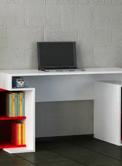 Birou Monument cu rafturi, Alb - Rosu, 154 x 75 x 60 cm