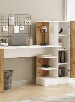 Birou Vexy cu raft si Biblioteca cu Usa, Alb/Crem, 153 x 74 x 40 cm