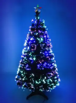 Brad artificial de Craciun cu fibra optica lunga, 150 cm, varfuri albe, stea si suport incluse