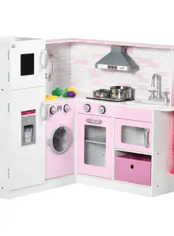 Bucatarie de jucarie pentru copii 3-6 ani cu lumini realiste si ustensile de bucatarie, MDF si PP, 84x93,5x85cm alb si roz HOMCOM | Aosom RO