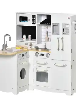 Bucatarie jucarie pentru copii 3-6 ani cu 2 oale, 3 cutite si furculite, 2 sticle si multe altele, alba, 82x65x87cm HOMCOM | Aosom RO