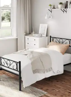 Cadru De Pat Metalic, De O Persoană, Negru, Dimensiune Saltea 90 x 190 Cm