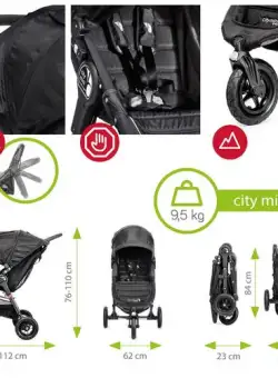 Carucior Baby Jogger City Mini GT Black sistem 2 in 1, 0-15 kg, 0-3 ani, Sistem Quick-Fold, Landoul Deluxe Black (Negru)