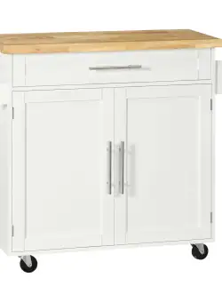 Carucior de bucatarie cu sertar și dulap, 4 roti din care 2 cu frana, lemn, 109x40x89cm, alb HOMCOM | Aosom RO