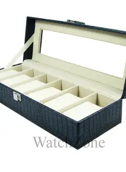 Caseta Ceasuri 6 Spatii Piele Albastra Imprimeu Crocodil