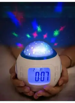 Ceas muzical de birou cu alarma, termometru si calendar, proiectare cu stelute, 10 cm