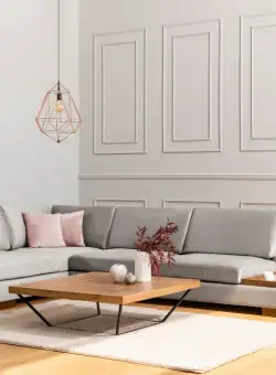 Coltar Tulip Corner pe stanga cu taburet gri deschis