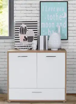 Comoda Chicory, Stejar Riviera si alb si alb super lucios, 94.5 cm