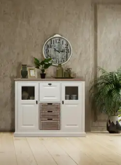 Comoda Cortina, 3 Usi Si 3 Sertare, Alb Si Natur, 142.7 Cm