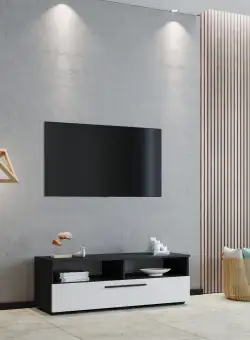 Comoda Haga, O Usa, 2 Polite, Alb Lucios/Negru, MDF, L 120 x l 40 x H 39 cm