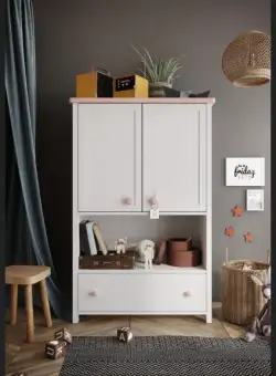 Comoda Lena Cu 2 Usi Si 1 Sertar, Alb Si Roz, 85 Cm