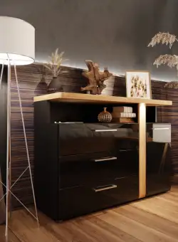 Comoda Tuberoze Negru, Stejar Catania si Negru Super Lucios, 118.5 Cm