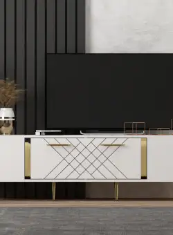 COMODA TV Detas - White, Gold, Alb, 150x48x35 cm