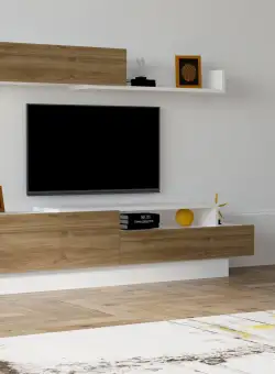 COMODA TV Elda - White, Walnut, Alb, 160x35x32 cm