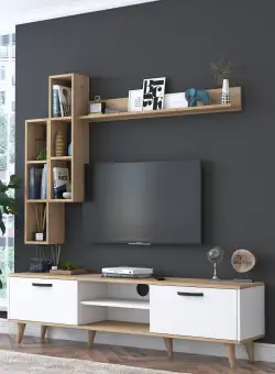 Comoda Tv Gaga cu Biblioteca, Alb - Nuc, 180 X 48 X 35 Cm