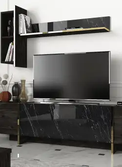 COMODA TV Harlequin cu 3 Compartimente, Negru, 180 x 45 x 33 cm