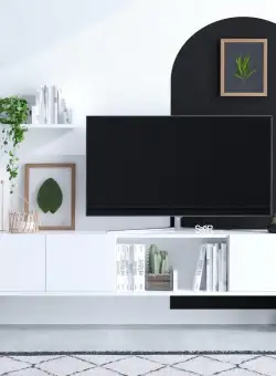 Comoda TV Suble cu 3 usi si rafturi, Alb, 150 x 47 x 35 cm