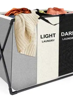 Cos de rufe murdare cu 3 compartimente, pliabil, pentru sortare si organizare haine la baie, material textil, cadru aluminiu, dimensiuni 62 x 34 x 56 cm