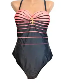 Costum de Baie Intreg Negru cu Roz Vibrant si Brosa Detasabila, Bretele Ajustabile Detasabile si Cupe Intarite