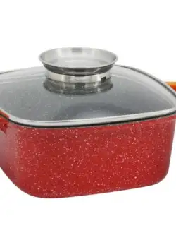 Cratita tip Roaster cu Capac Sticla, Marmorata, cu Picurator, Forma Patrata, Manere Protectie Silicon, Rosu