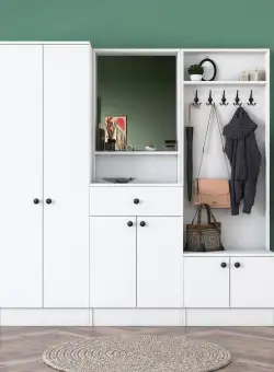 Cuier cu pantofar Hol Genus cu 6 usi si oglinda, Alb, 180 x 183 x 37 cm