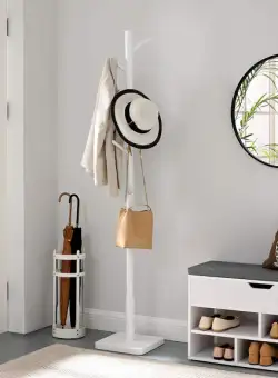 Cuier Pentru Haine Din Lemn Masiv Cu 8 Carlige, Alb