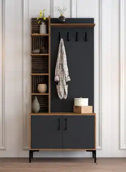 Cuier Sirena Scandinav cu Usi si Rafturi, Nuc, 90x200x35 cm