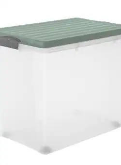 Cutie depozitare cu roti plastic transparenta cu capac verde Rotho Compact 70L