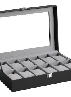 Cutie Pentru Ceasuri Cu Capac Din Sticla, Piele Sintetica Neagra, Captuseala Gri, 30.2 Cm