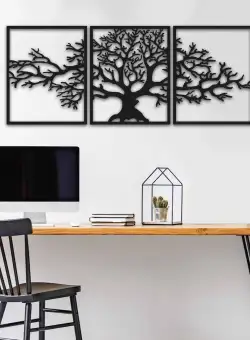 Decoratiune de perete Copacul Vietii, Metal, Negru, 3 Piese 120 x 49 cm