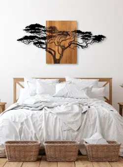 Decoratiune de perete lemn Acacia Tree - 329, Negru, 3x70x144 cm
