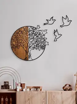 Decoratiune de perete lemn Tree And Birds 2, Nuc, 56x3x60 cm