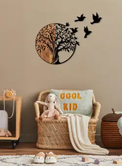 Decoratiune de perete lemn Tree And Birds - 322, Negru, 3x71x92 cm