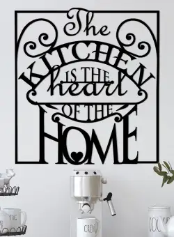 Decoratiune de perete Metal The Kitchen Is The Heart Of The Home, Negru, 0.15x53x56 cm