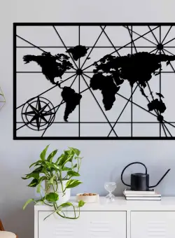 Decoratiune de perete Metal World Map 1, Negru, 74x49 cm