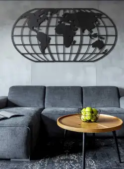 Decoratiune de perete Metal World Map Globe - Black, Negru, 120x1x60 cm