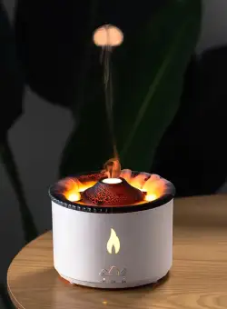 Difuzor de arome in forma de vulcan, imita flacara vulcanica, 2 culori, control telecomanda, temporizator, alimentare priza, 360ml, alb