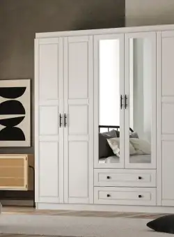 Dulap de Haine Sarp cu oglinda si sertare, Alb, 210x182x50 cm